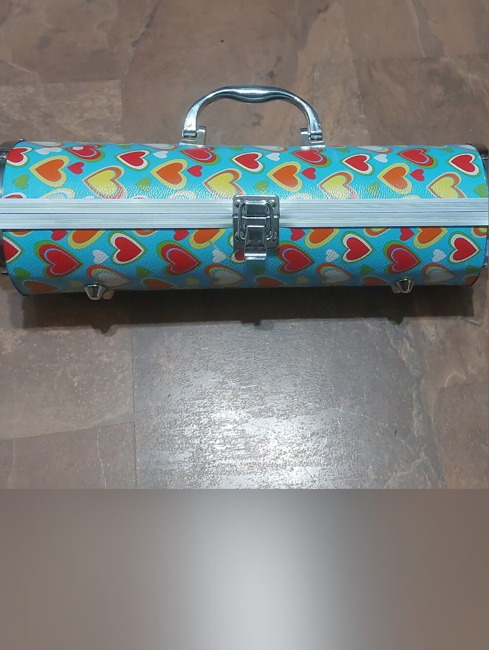Heart Print Cylindrical Wine/ Beverage Carry Case - Blue with Multicolor Hearts